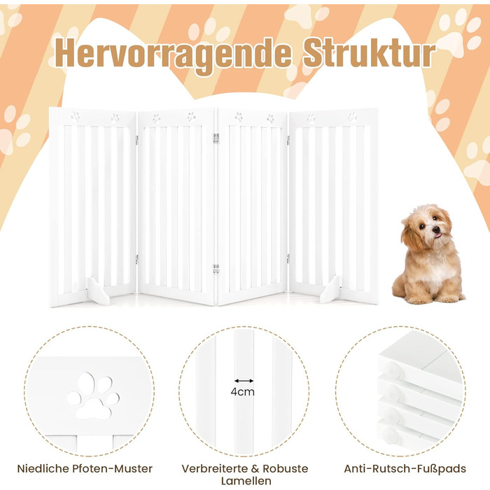 Захисний забір для собак COSTWAY 89 см, дерев'яне огорожа, дитяче ворота, розкладні, гнучкий захист, 4 панелі (білий)