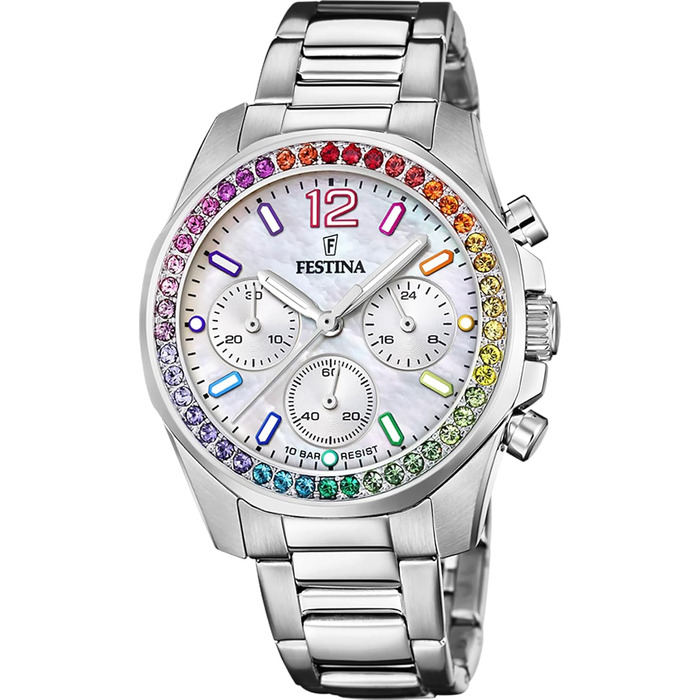 Жіночий кварцовий годинник Festina Boyfriend Chronograph F20606/2, сталь 316L, сріблястий, водонепроникність 10 ATM