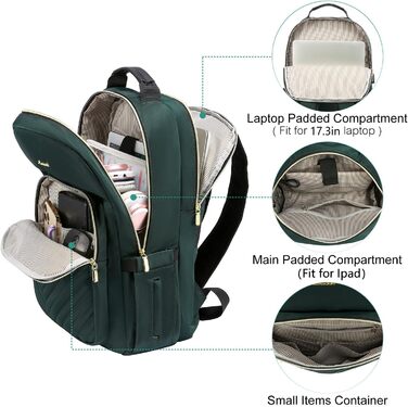LOVEVOOK Рюкзак для жінок, великий, 15.6 дюймів, для ноутбука, водонепроникний, шкільний, для дівчаток-підлітків, чорний, елегантний, для роботи, для школи, університету, подорожей, 15.6' (17.3 дюймів, темно-зелений)