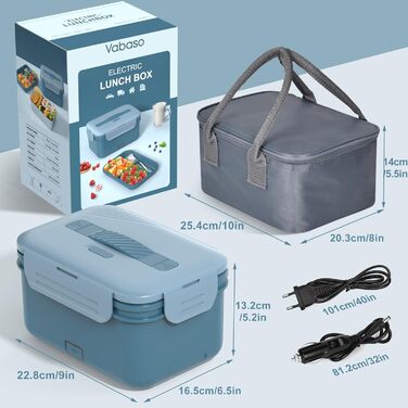 Vabaso 100W Electric Lunch Box for Adults, Thermo Lunch Box with Cutlery and Insulated Lunch Bag, 12/24/230V, Leak-Proof, 1.8 L Large Container, Lunch Box with Compartments for Car, Truck, Home, Blue