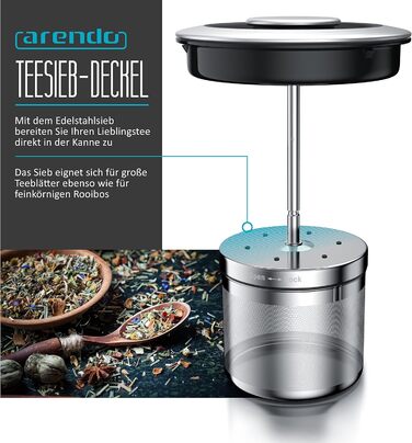 Arendo - Glass Water Kettle with Temperature Setting and Tea Strainer - Electric Kettle in Stainless Steel - Temperatures 70, 80, 90, 100 Degrees - 1.7 Liter - 2400 Watt - Keep Warm Function - BPA Free