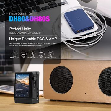 HIDIZS DH80S: Портативний ЦАП та підсилювач з симетричним входом, підтримка DSD64/128, 4.4 мм/3.5 мм вихід, сумісний з Windows/Mac/iPadOS/Android/iOS, блакитний