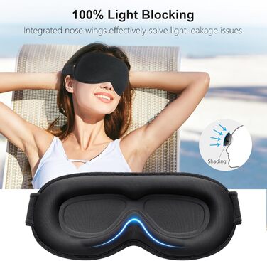 Маска для сну Gritin 3D для тих, хто спить на боці, дихаюча, з регульованою гумкою, блокує світло, зручна та ергономічна, для чоловіків та жінок, 2 пари вушних затичок, чорний