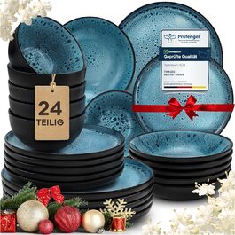 Набір посуду Twinzee Steingut 24 частини для 6 осіб: тарілки та миски, колекція Riviera Azur, з каменю, для мікрохвильової печі