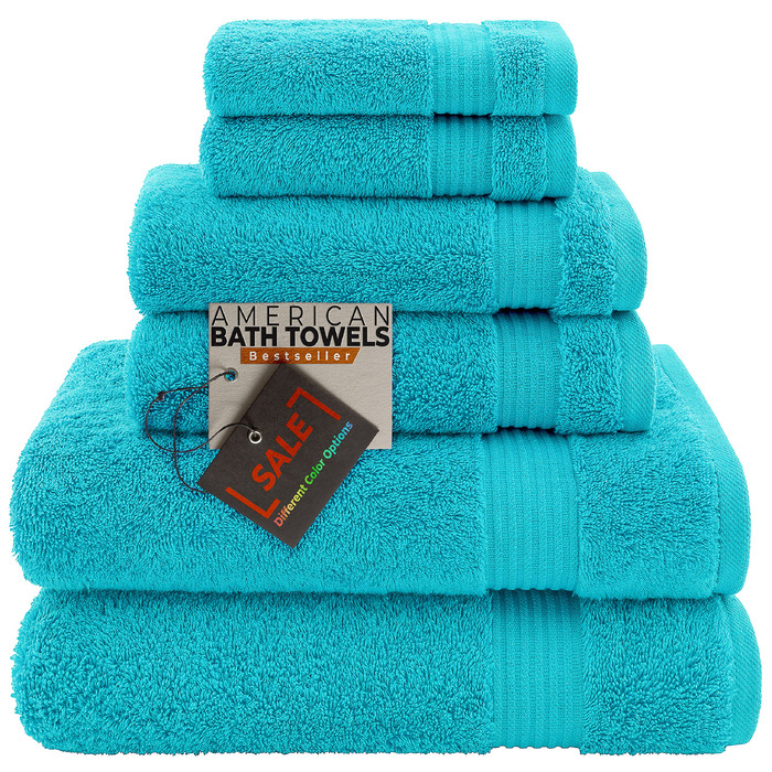 Набір махрових рушників American Bath Towels з 100% бавовни, 6 предметів, ультрам'які та гігроскопічні, колір аквамарин (2 банні, 2 для рук, 2 для обличчя)