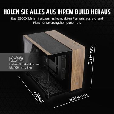 Корпус ПК CORSAIR 2500X mATX з двокамерним дизайном, чорний/горіх, сумісний з платами зворотного підключення, велика гнучкість охолодження, з загартованим склом