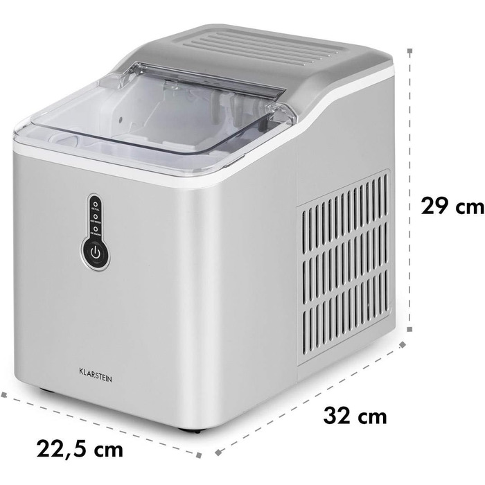 Машина для приготування льоду Klarstein Eiswürfelmaschine - 12 кг/24 год, 8 хв цикл, 1,5 л резервуар, LED-дисплеї, портативна, з прозорим кришкою, з лопаткою - для вечірок (срібна)