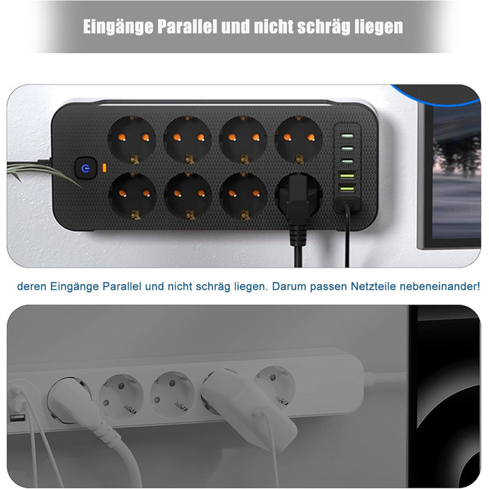 Мережевий фільтр AOUOO 8 розеток з вимикачем, 2м кабель, 3USB/3Type-c (5V/3.1A), 250V/16A, захист від перенапруги 3840W, чорний