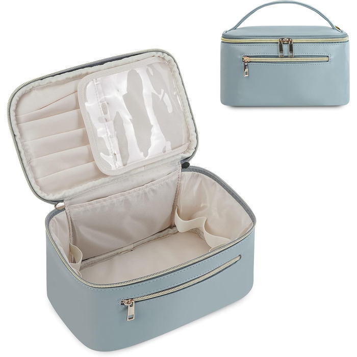 Косметичка для жінок, велика дорожня косметичка для макіяжу з відділенням для пензлів, органайзер, культурочка, з PU-шкіри, переносний мішечок для макіяжу, сіро-блакитний (патентний номер)