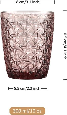 Joeyan 300ml Rosa Wassergläser Vintage, Colored Drinking Glasses with Embossed Design, Colored Glasses Set of 6, Dishwasher Safe