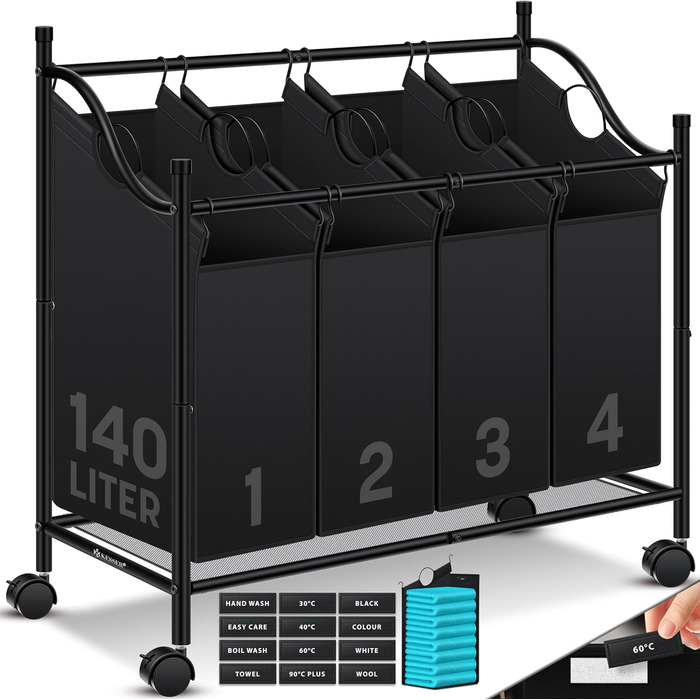 KESSER® Laundry Basket, Laundry Collector, Laundry Sorter with 4 Removable Fabric Bags | 4 Compartments x 35 Liters | Laundry Box with 12 Laundry Instructions, 360° Swivel Wheels with Brake, Laundry Sorting System, Laundry Cart, Black