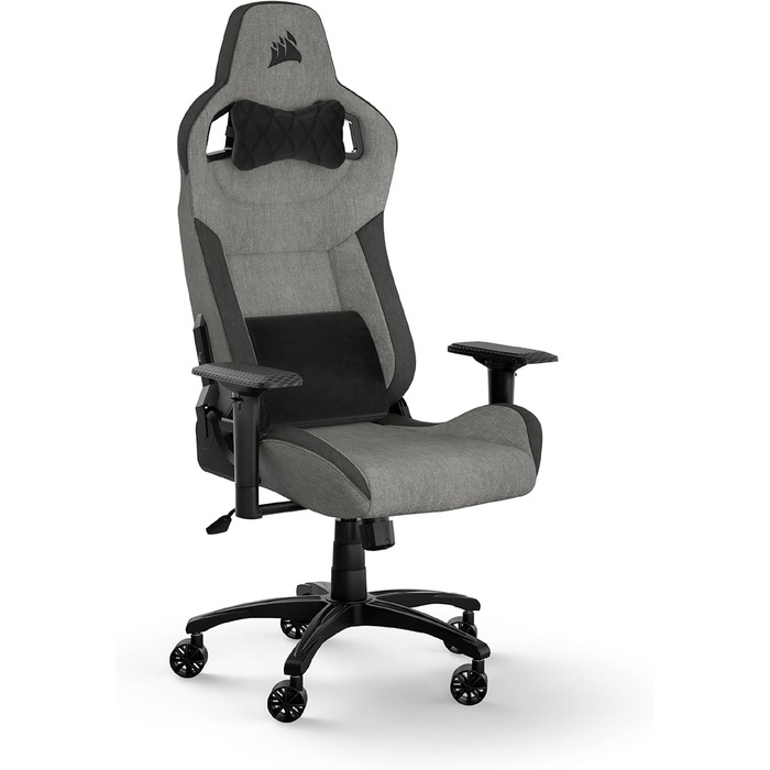Ігрове крісло Corsair T3 RUSH Fabric 2023, автомобільний стиль, тканинне покриття, подушка для шиї, ортопедична підтримка попереку, сіре та антрацитове