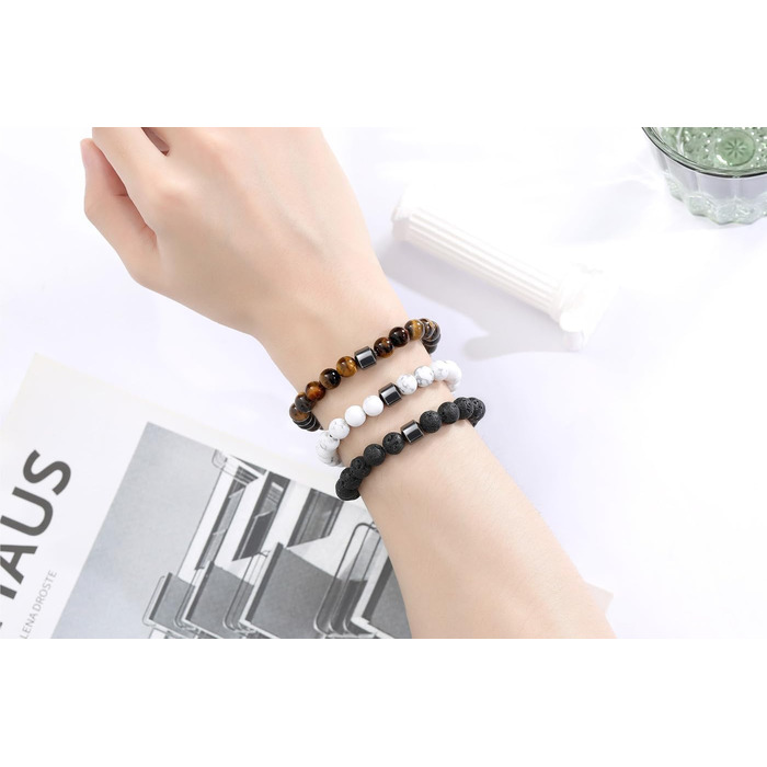 Чоловічі браслети з натурального каміння: тигрове око, лава, чорний онікс, бірюза. Набір 3-4 шт.