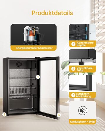 Міні-холодильник для напоїв WIE з подвійними скляними дверцятами, регульованими полицями, 86 літрів, 120 банок, для соди/пива, для дому/кухні/бару/офісу