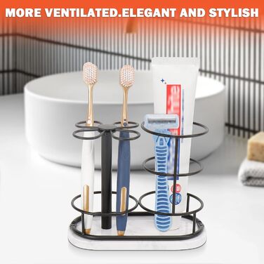 HarJue Toothbrush Holder for Bathroom, Metal Toothbrush Organizer with Marble Base, Toothbrush Storage Collection for Family, Suitable for Home, Hotel, Countertop, Vanity (Matte Black, Medium)