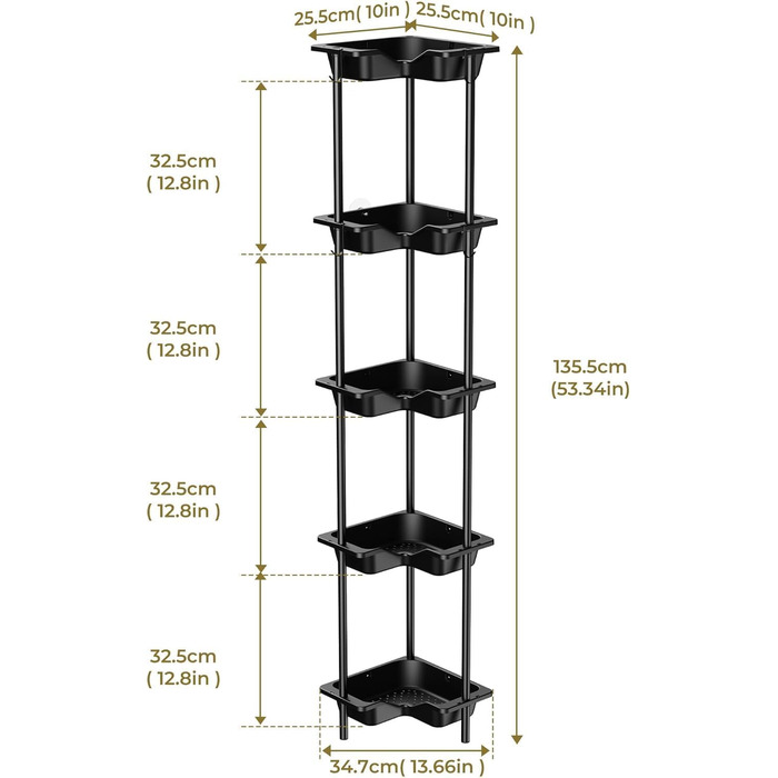 Підлогова полиця для душу з 5 ярусами, без свердління, з гачками, чорного кольору, нержавіюча сталь та пластик