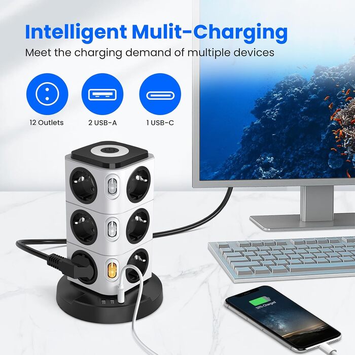 Багаторозетка Acodot Tower з USB, 12 розеток, захист від перенапруги, 4 вимикачі, нічник, 3 USB порти, кабель 3м, 2500W, для офісу, білий