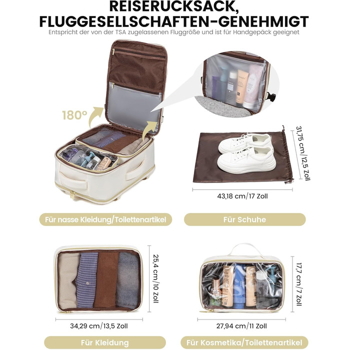 LOVEVOOK Рюкзак ручної поклажі, 40L, для ноутбука 17 дюймів, бежевий, для подорожей