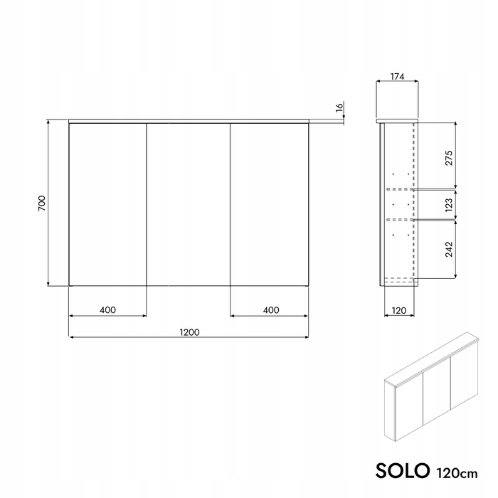 Шафа у ванну кімнату SOLO з LED-підсвіткою та дзеркалом, 120 см, колір 