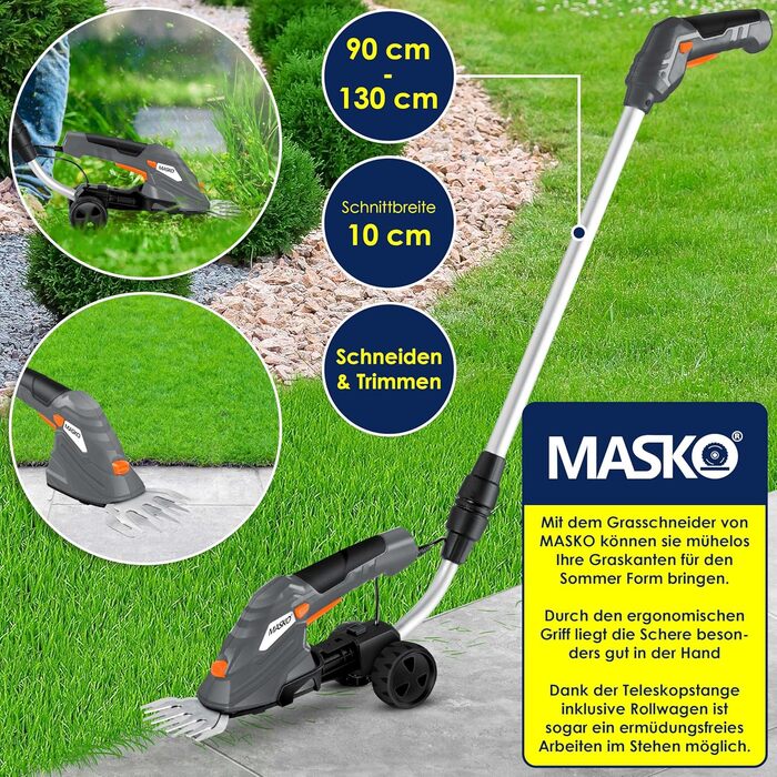 MASKO® Акумуляторні ножиці для трави та кущів 7,2V 2000мА·год, електричний садовий секатор, телескопічна ручка 90-130 см, колеса, зарядний пристрій, рукавички, ножі для трави і кущів