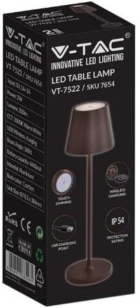 LED-лампа настільна V-TAC VT-7522 бездротова диммерна з сенсорним керуванням, акумулятор 4400 mAh, тепле світло 3000K, IP54 для дому та вулиці
