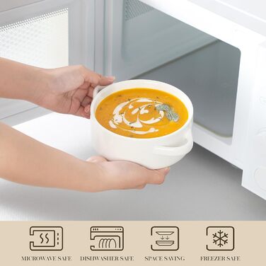 MALACASA Набір супових тарілок з ручками, 800 мл, 4 шт, порцеляна, білий, для французької цибулевої супи, каші та рагу