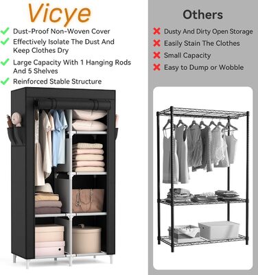 Wardrobe, Portable Fabric Clothes Closet with Clothes Rod, 6 Shelves, 4 Side Pockets, and Cover, Sturdy Clothes Racks for Bedroom Dressing Room (Black, 84 x 42 x 162 cm)