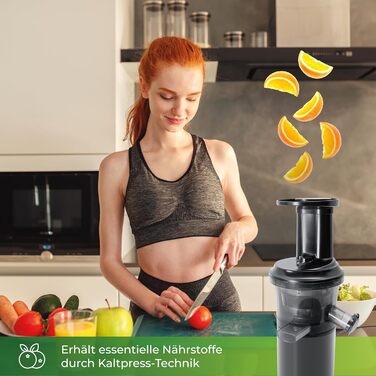 KLAMER Slow Juicer Vegetables and Fruit, Juicer with Reverse Function, Electric Fruit Press with Brush and 2 Containers, Sleek Design, Black