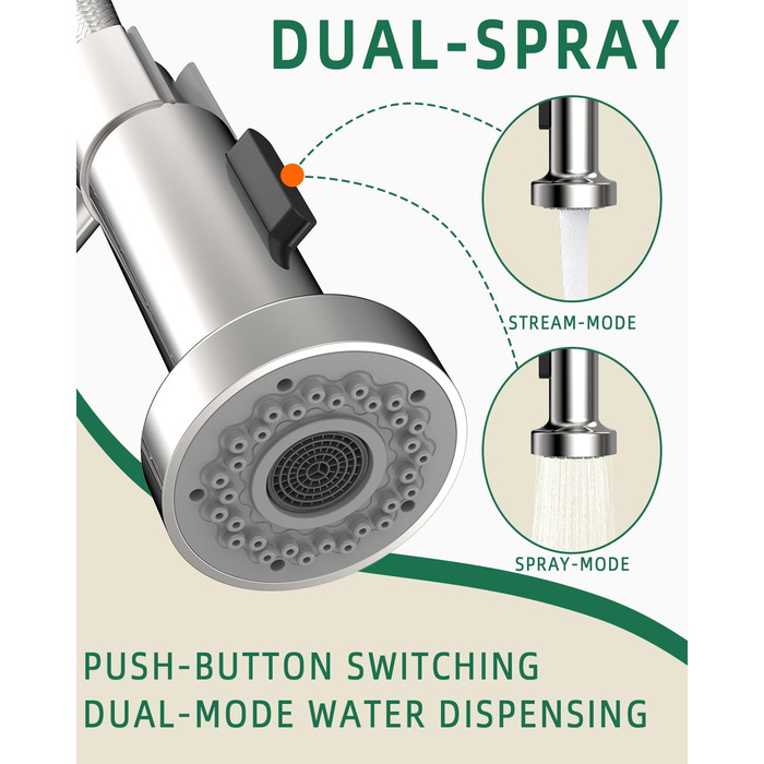 Кухонний змішувач з висувним виливом та душем, поворотний на 360°, з двома режимами розпилення, одноlever, хром