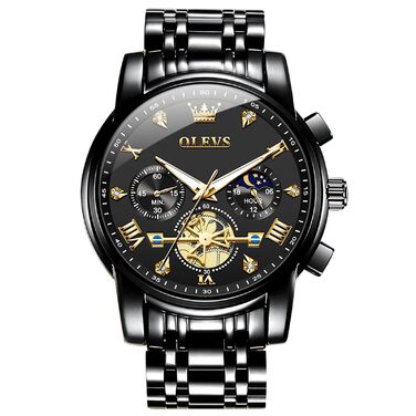 Годинник чоловічий OLEVS з металевим ремінцем, кварцовий, з місячною фазою, хронограф, водонепроникний, чорний (2856)