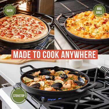 Chef Pomodoro Cast Iron Grill Pan – Cast Iron Grill Pan for Stove, Grill, Oven & Campfire – Cast Iron Pan - Pizza Pan Baking Sheet Round - Gas Grill Griddle - Cast Iron Pan for Gas Grill (36 cm Paella Pan)
