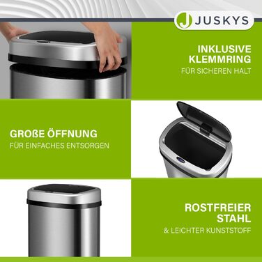 Відро для сміття Juskys з датчиком руху, 50л, нержавіюча сталь, кутовий, з кришкою-затискачем для пакетів