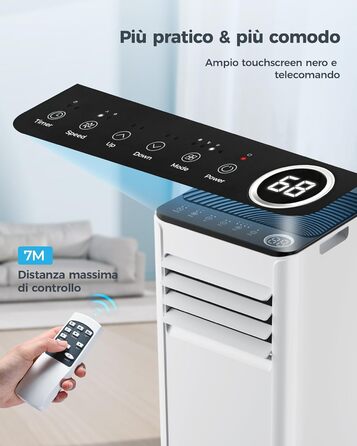 Мобільний кондиціонер 9000 BTU з випускним шлангом | 4-в-1 | Тиха робота <48 дБ | Цифровий дисплей + пульт дистанційного керування | Комплект для встановлення у вікно | Таймер 24 години | Для приміщень до 25 м²