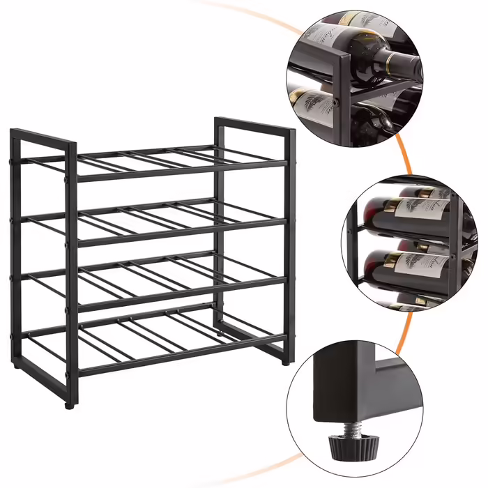 IBUYKE Wine Rack Metal, Freestanding Wine Rack Storage, 4-Tier 16 Bottle Rack, For Bar Counter, Restaurant, Kitchen, Table Rack Wine Holder, Black TMJ903H Metal 16 Bottles