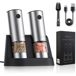 Електрична мельниця для солі та перцю FORLIM, USB-зарядка, з LED-підсвіткою, регульована ступінь помолу, 7 рівнів, 2 шт. (чорний+білий)