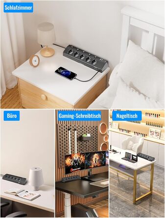 Мережевий адаптер PASSUS з 5 розетками, 2 USB-C (PD 30W), захист від перенапруги, індивідуальне вмикання, 10-в-1, з кабелем 2м, для офісу, чорний