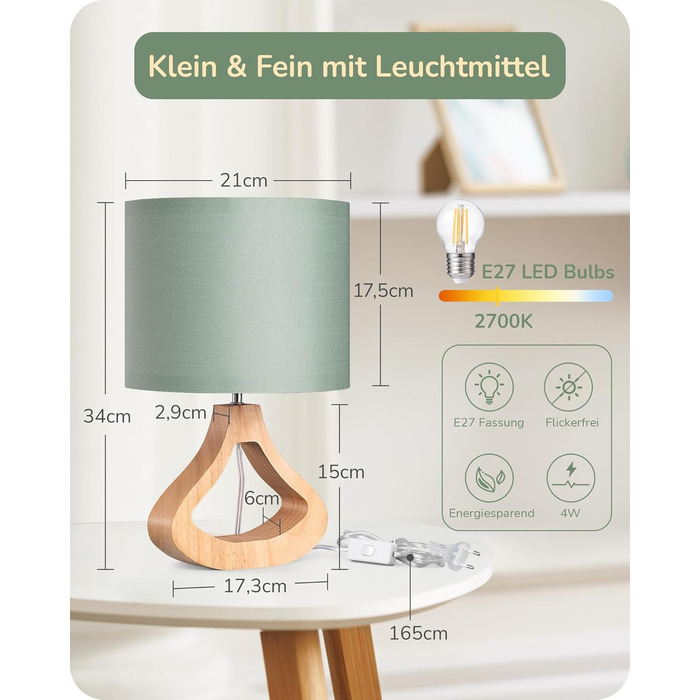 Дерев'яна настільна лампа EDISHINE з абажуром з льону, Е27, для вітальні, спальні, в стилі кантрі [Енергоклас F], колір: зелений льон