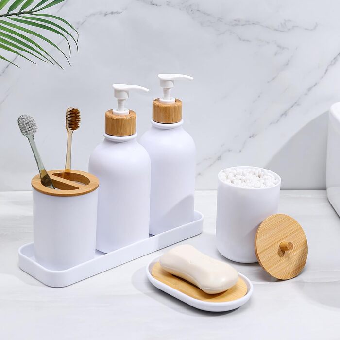 Набір аксесуарів для ванної кімнати, 7 предметів, бамбук, білий дозатор для мила та тримач для зубних щіток, контейнер для ватних паличок, сеанс макіяжу, мильниця, сучасна декор для ванної кімнати, білий/розкішний сад