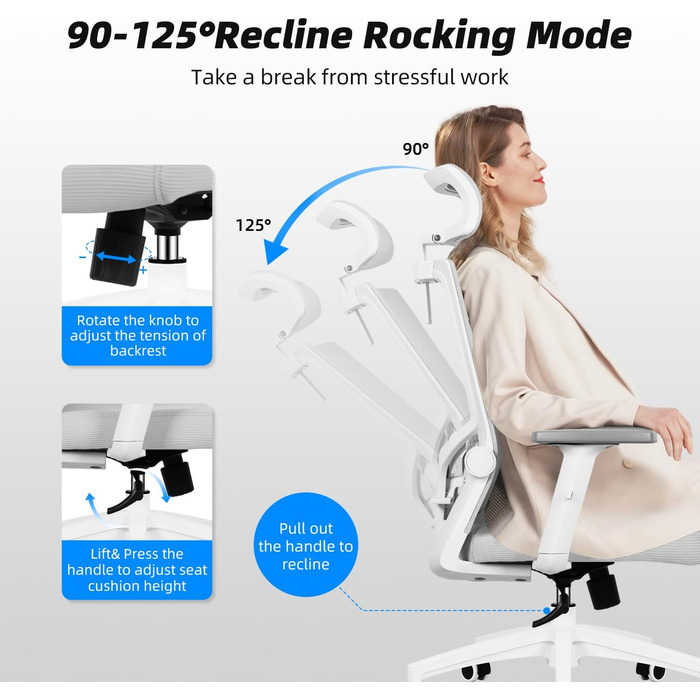 Ергономічне крісло Daccormax для офісу з регульованою підголівником, підлокітниками та підтримкою попереку. Офісне крісло, поворотне, з функцією гойдання, mesh-сидіння, для спини, до 150 кг (сірий)