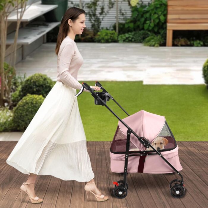 Візок для собак Homewell 2в1: візок-будка, сумка-переноска, з тримачами для напоїв, складна конструкція, гальмо, для домашніх тварин, 50x70x99 см (Рожевий)