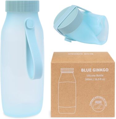 BLUE GINKGO Collapsible Water Bottles [2-Pack] – Lightweight, foldable silicone bottles for travel, hiking, and camping (500ml, Made in Korea, Beige) (492 ml, Blue)