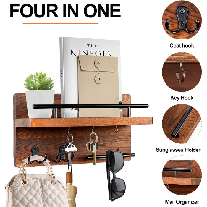 Настінна вішалка для ключів на 5 гачків, дерев'яна дошка для ключів з полицею, настінний органайзер для ключів, рустикальна вішалка для ключів, органайзер для ключів, декор для дому (колір: коричневий)