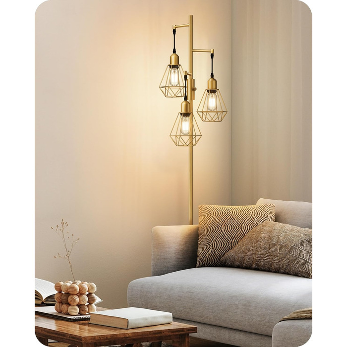 LED торшер Edishine для вітальні, ретро стиль, 3 лампи, диммування, 4W E27, регулювання поворотною ручкою, індустріальний декор з металевим абажуром-сіткою, 2700K, висота 166 см, золотий