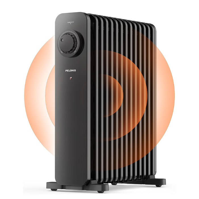 Електричний масляний радіатор PELONIS 2500W, 13 секцій, енергоощадний обігрівач з термостатом, 3 режимами потужності та захистом від перегріву, чорний
