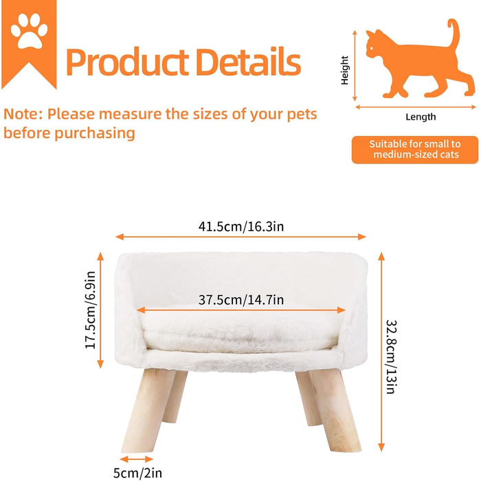 Luxury Cat Sofa, Large Cat Sofa, Cat Chair, Cat Stool, Elevated Cat Bed with Cat Cushions, Pet Sofa, Dog Sofa for Small Dogs, 40cm beige