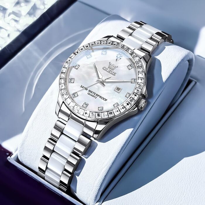 Годинник жіночий OLEVS з діамантами, елегантний, дорогий, на браслеті з рожевого золота, з керамічним склом (3651 Silver)