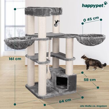 HAPPYPET Дряпка для котів 'Оскар' - 161 см, преміум якість, для великих котів, 47 кг, товсті стовпи (12 см), плюш (600 г), сертифіковане дерево (сірий)