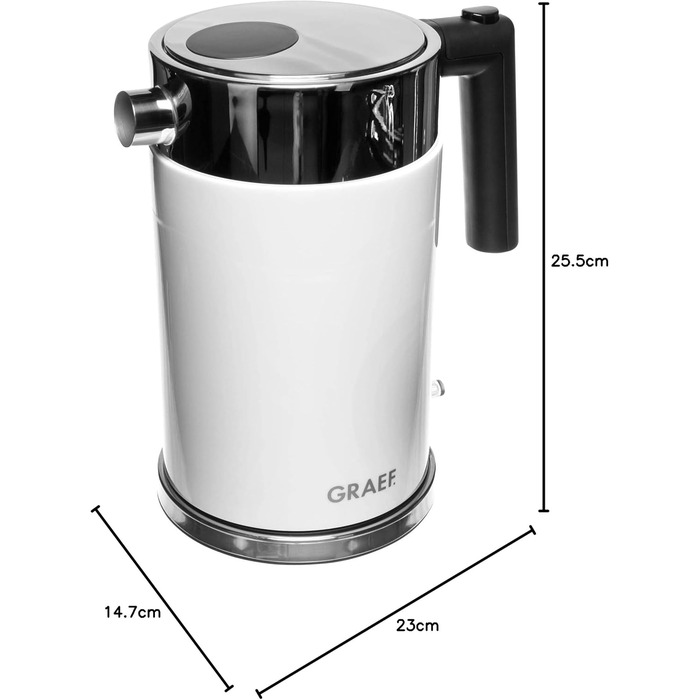 Електричний чайник GRAEF WK61 Edelstahl, білий, 1,5 л, знімний фільтр від накипу, 360° обертання, подвійні стінки
