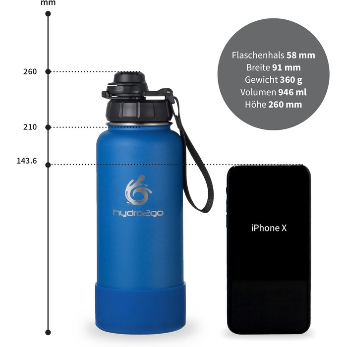 Термофляга Hydro2Go Edelstahl 950 мл з соломинкою, синя - ізольована, BPA-free, не протікає, для спорту та активного відпочинку
