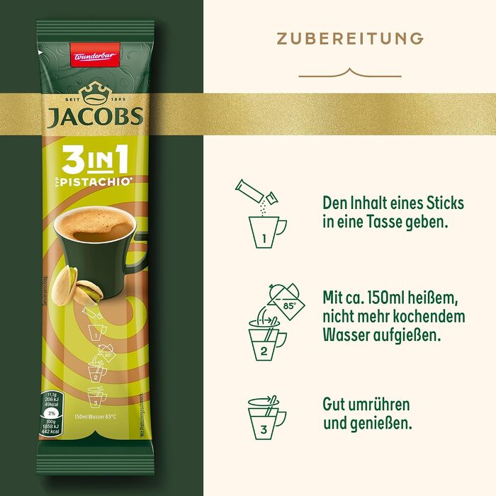 Кава розчинна 3в1 Jacobs Instant Kaffee Sticks з цукром та вершками, смак Фісташка, 120 стіків (1.33 кг)